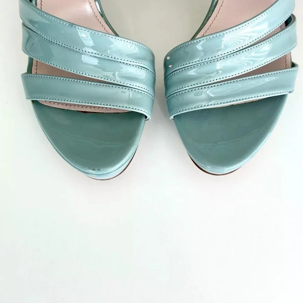 NEW MIU MIU Seafoam Blue Patent Leather Ankle Strap Platform Sandals Size 8.5
